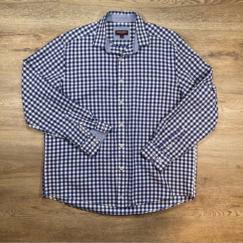 Johnston & Murphy Men's Dress Shirt Checkered Long Sleeve XL Regular Fit Blue